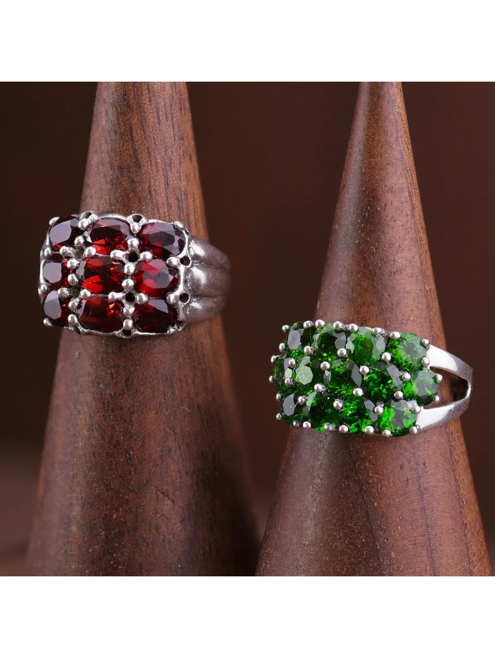 Two Sterling Cluster Statement Rings Deep Red Garnet & Forest Green Diopside 7